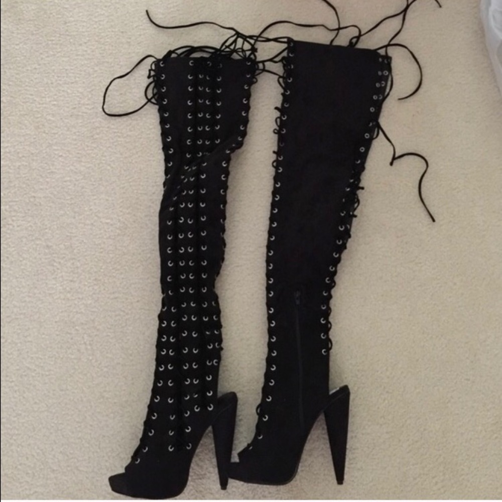 Jeffrey Campbell Black Lace Up Thigh High Boots - Picture 3 of 7